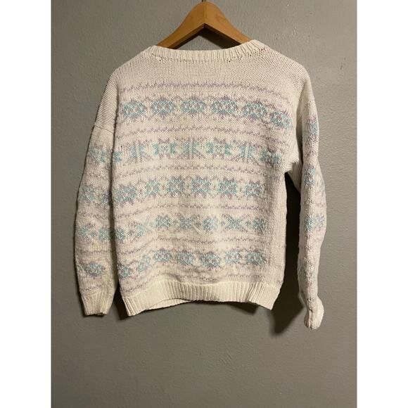 Vintage Handmade Womens Cardigan Large White Fair Isle Chunky Knit Granny 90s - Picture 2 of 5